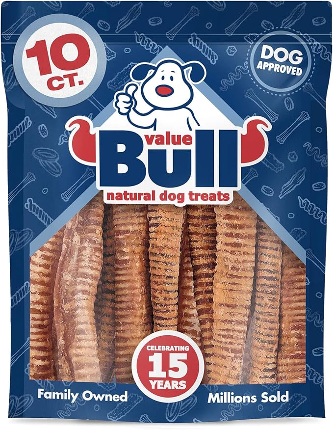 ValueBull Beef Trachea Dog Treats 10-12 Inch, 10 Count - Natural Angus Dog Chews with Glucosamine, Chondroitin & Amino Acids