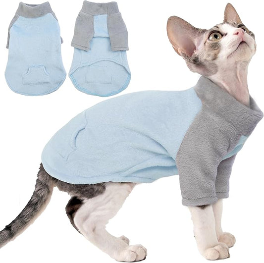 PUMYPOREITY Turtleneck Sweater for Sphynx Cat, Soft Coral Fleece Cat Clothes, Thick Winter Warm Outfit Coat with Sleeves, M, Blue