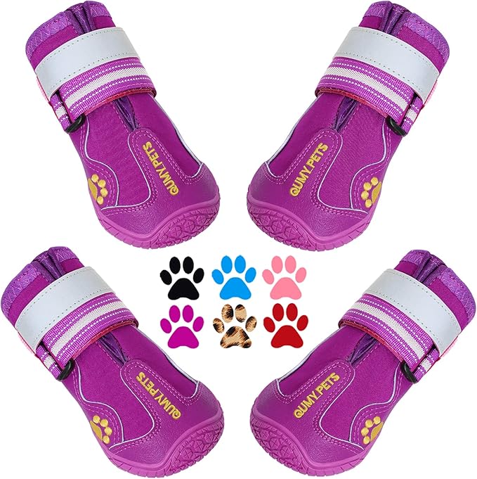 QUMY Dog Shoes for Large Dogs, Medium Dog Boots & Paw Protectors for Winter Snowy Day, Summer Hot Pavement, Waterproof in Rainy Weather, Outdoor Walking, Indoor Hardfloors Anti Slip Sole Purple Size 1