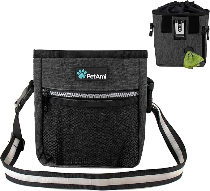 PetAmi Dog Treat Pouch, Pet Treat Pouch for Training, Dog Walking Bag Holder for Kibbles, Pet Food Toy, Dog Trainer Essentials Supplies, Poop Bag Dispenser, 3 Ways to Wear (Charcoal)