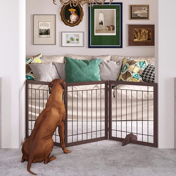 JSB 72-inch Extra Wide 28-inch Tall Dog gate, Freestanding Pet Gate for Halls, Stairs & Home, Pet Puppy Safety Dog Fence with 2PCS Support Feet (Espresso)