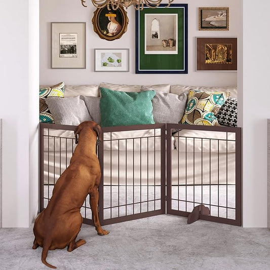JSB 72-inch Extra Wide 28-inch Tall Dog gate, Freestanding Pet Gate for Halls, Stairs & Home, Pet Puppy Safety Dog Fence with 2PCS Support Feet (Espresso)