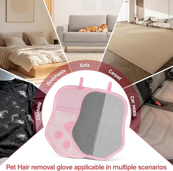 Reusable Pet Hair Removal Gloves, Suitable for Removing Pet Hair from Clothing, Sofas, Carpets, and Car Seats, 1 Pcs with Hanging Hooks, Size 9.8 x 7.87 x 0.5 in (Pink)