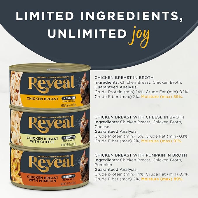 Reveal Natural Wet Cat Food, 12 Count, Grain Free, Limited Ingredient Canned Food for Cats, Chicken Variety in Broth, 2.47 oz Cans