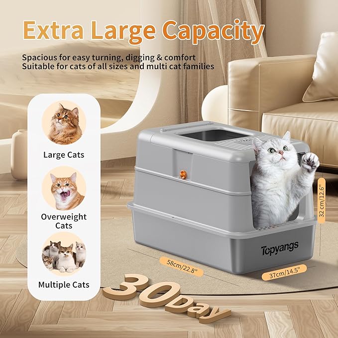 Stainless Steel Litter Box with Lid, 135° Flip-Top Design Metal Enclosed Litter Box for Big Cat, Breeze Litter Box System with Anti-Leakage High Sides, Large Cat Lovers Gifts（Gray）