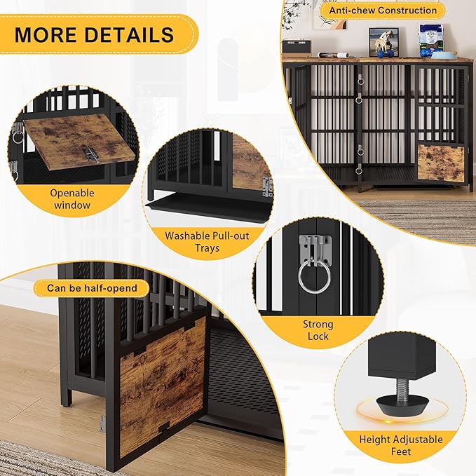 BOINN Large Dog Crate Furniture, 63 inch Heavy Duty Double Dog Crate with Divider, Extra Large Dog Kennel Furniture with Removable Trays for Medium Large Dogs