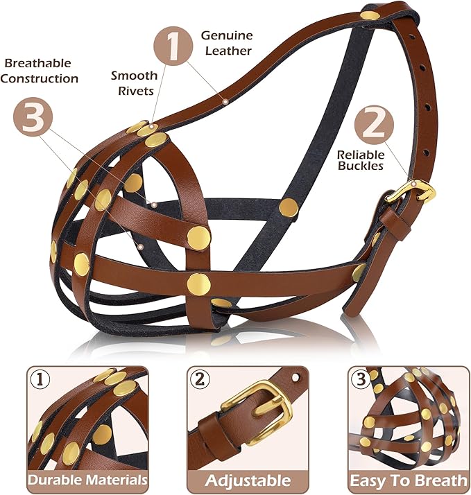 OOPSDOGGY French Bulldog Dog Muzzle for Short Snout Dog - Leather Breathable Secure Basket Muzzle for Frenchie Prevents Biting No Chewing Adjustable (Brown, Size 2 - French Bulldog)