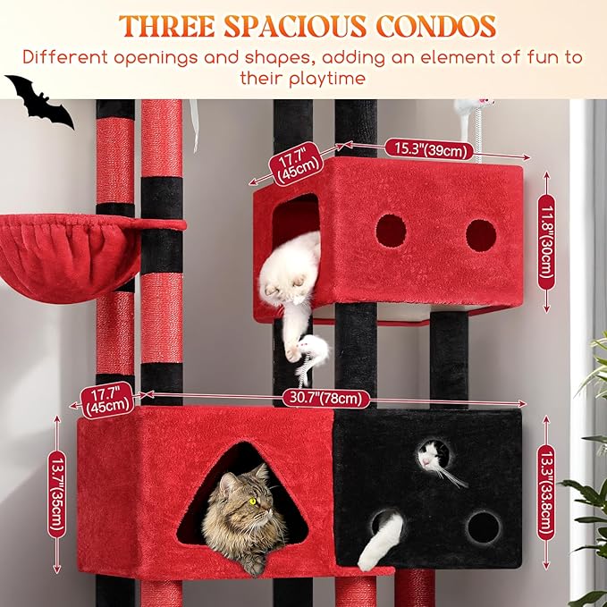 Globlazer Extra Large Gothic Cat Tower, 81-inch Tall Goth Cat Tree for Big Cats 20 lbs, XXL Heavy Duty Cat Scratching Tower for Indoor Adult Cats with 3 Cat Condos, 8 Scratching Posts, F81, Black Red