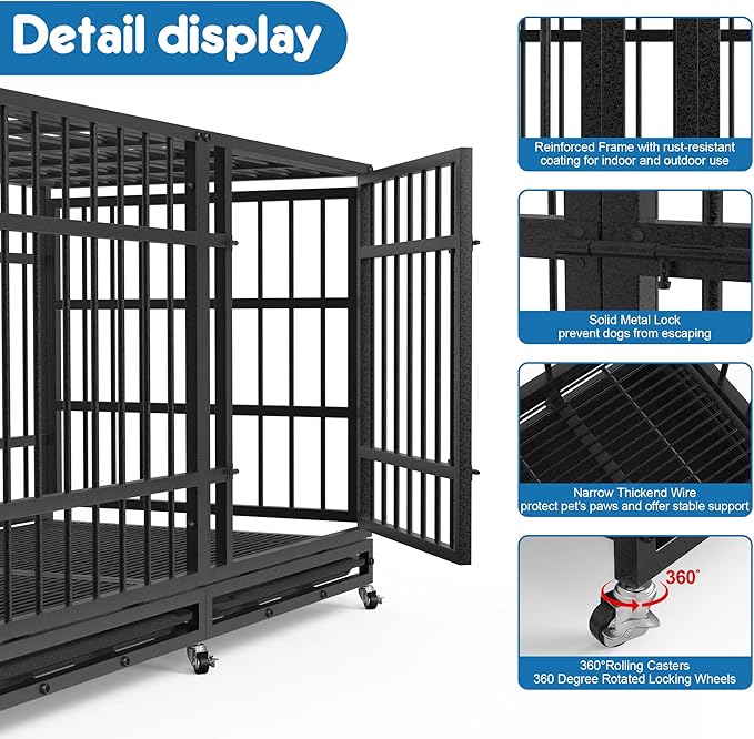 48 Inch Heavy Duty Dog Crate for Large Dogs Indestructible Dog Cage XL High Anxiety Kennel with Wheels Impact Escape-Proof Dogs Crate Indoor with Locks and 2 Removable Trays