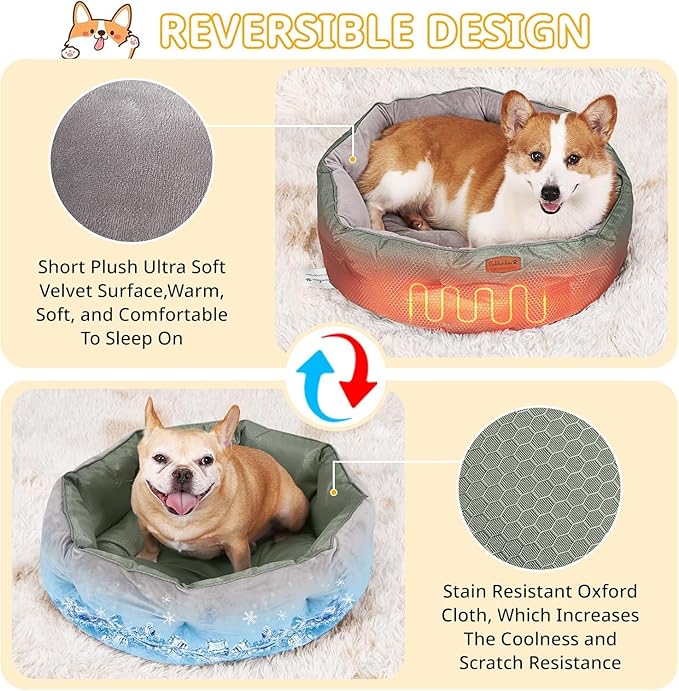 Dual-Sided Pet Bed for Medium Dogs & Large Cats, Reversible Dog Bed with Warm Plush & Cool Oxford Fabric, Ultra-Comfort Supportive Washable Cat Bed, Non-Slip Bottom, Grey 25x25 Inch
