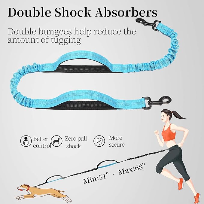 iYoShop Hands Free Dog Leash with Zipper Pouch, Dual Padded Handles and Durable Bungee for Walking, Jogging and Running Your Dog (Medium, 8-25 lbs, Blue)