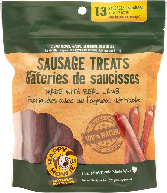 Happy Howie's Sausage Treats - Healthy Dog Treats, Flavorful Slow Cooked Lamb, Natural Ingredients, Chewy Dog Treats, Hormone Free - Lamb, (Pack of 1)