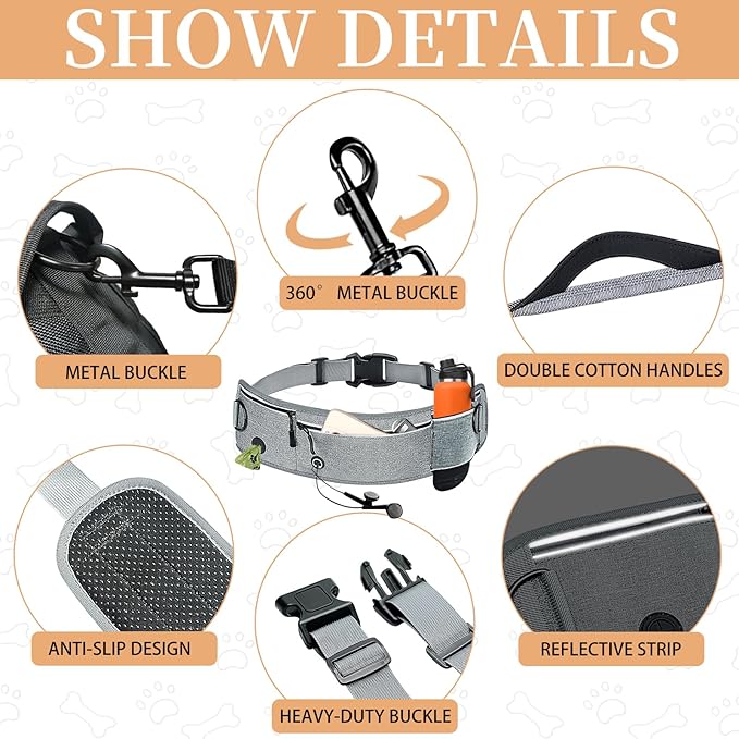 Waist Dog Hands Free Dogs Leash, Waist Running Leash with Zipper, Walking Pouch for Dog Walking, Reflective Dual Padded Handles Bungee Retractable Running for Medium to Large Dogs (Blue)