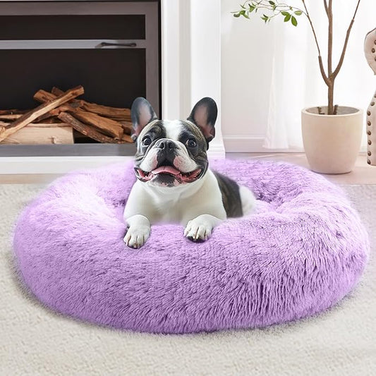JOLLYVOGUE Medium Calming Dog Bed, Anti-Anxiety Donut Cuddler Cat Bed with Anti-Slip Bottom, Fluffy Faux Fur Machine Washable Pet Cushion for Medium Large Dog & Cat (31")