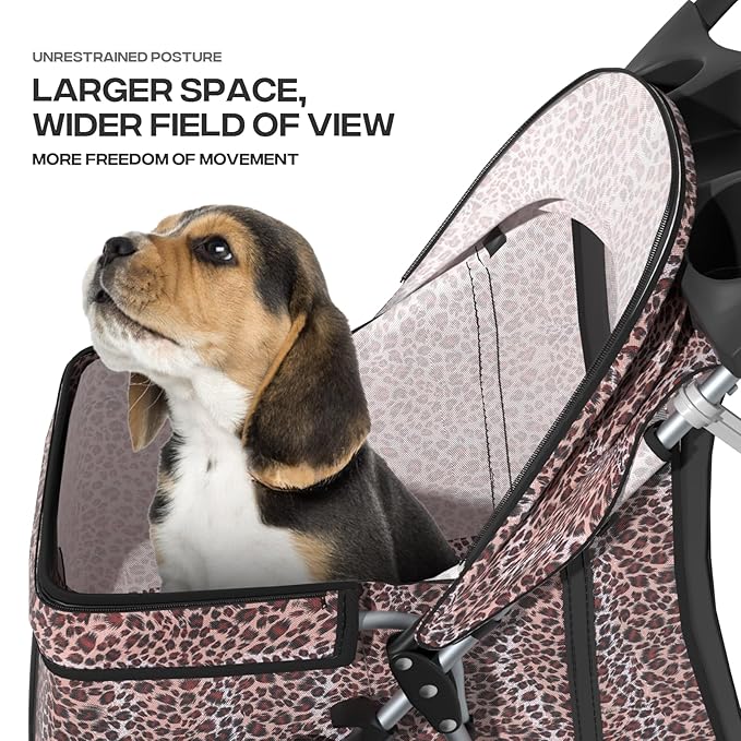 Cat Dog Stroller,3-Wheels Pet Stroller for Medium/Puppy Dogs 30 Lbs, with Storage Basket and Cup Holder, Breathable Mesh Leopard Print