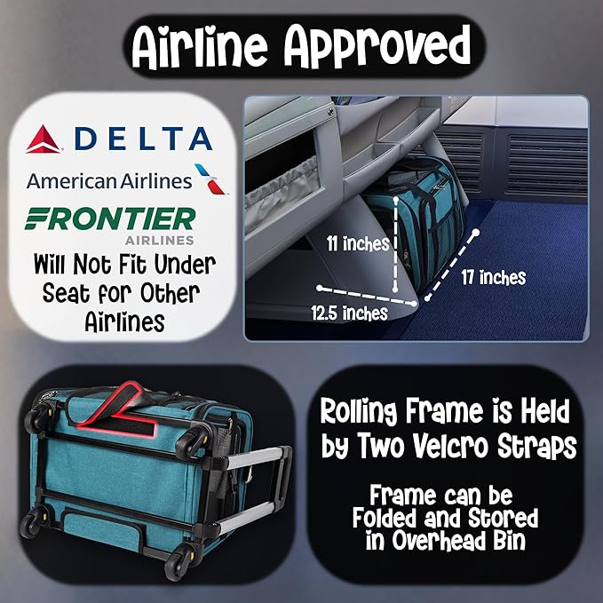 Pet Carrier with Wheels | Delta American Frontier Airline Approved | Two Expandable Sides, Storage Pockets Adjustable Leash | Rolling Dog and Cat Carrier TSA Compliant (Blue 17x12.5x11)