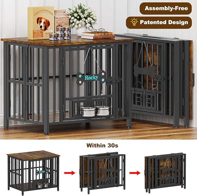 Easycom 31" Dog Crate Furniture Foldable, No Assembly Decorative Dog Kennel Indoor, Dog Crates for Medium Dogs(20-35 lb), Wooden Dog Cage with Adjustable Bowls and Name Tag, End Table, Rustic Brown