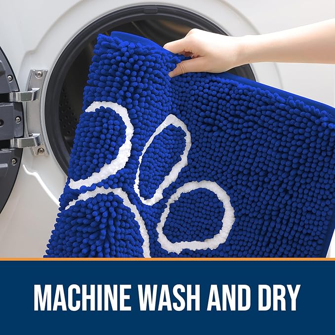 OLANLY Dog Door Mat for Muddy Paws 36x24, Paw Print Design, Absorbs Moisture and Dirt, Non-Slip Washable Doormat, Quick Dry Chenille Mud Mat for Dogs, Entry Indoor Entryway Carpet, Royal Blue