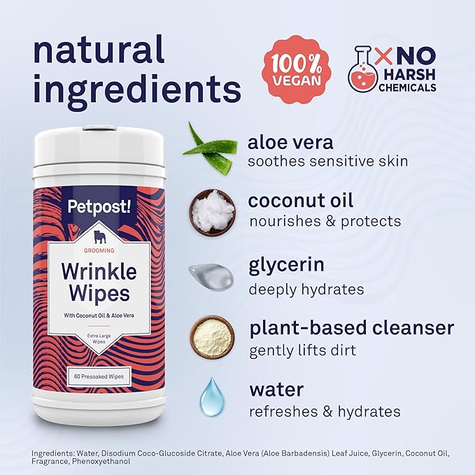 Petpost XL Wrinkle Wipes for Dogs | 60 Count Large 5x7 Dog Face & Wrinkle Cleaner | Gentle Pet Wipes with Coconut Oil & Aloe for Bulldogs, Pugs & Wrinkly Breeds | Dog Cleaning Wipes