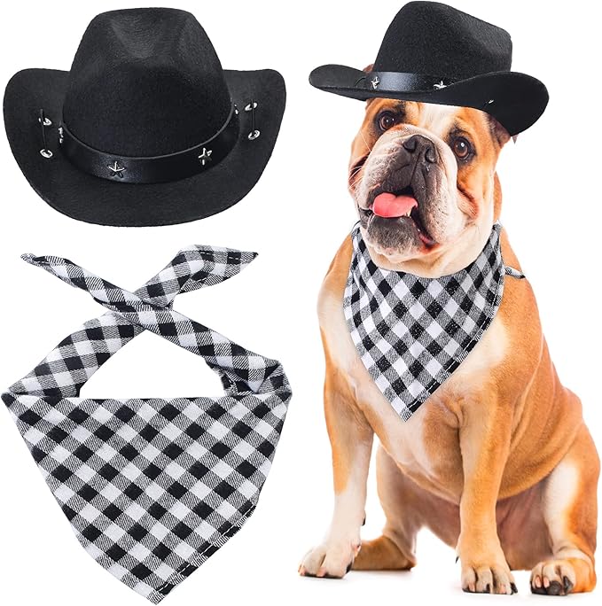 Yewong Pet Cowboy Costume Accessories Dog Cat Pet Size Cowboy Hat and Bandana Scarf West Cowboy Accessories for Puppy Kitten Party Festival and Daily Wearing Set of (Black hat+Black bib)