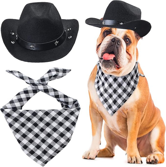 Yewong Pet Cowboy Costume Accessories Dog Cat Pet Size Cowboy Hat and Bandana Scarf West Cowboy Accessories for Puppy Kitten Party Festival and Daily Wearing Set of (Black hat+Black bib)