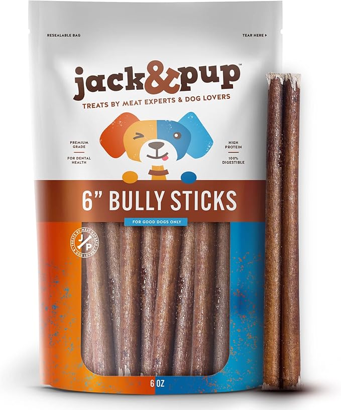 Jack&Pup 6" Bully Sticks Dog Chews | Odor Free Bully Sticks | Single Ingredient, All Natural Pizzle Sticks for Dogs (6oz, 10/12 Sticks)