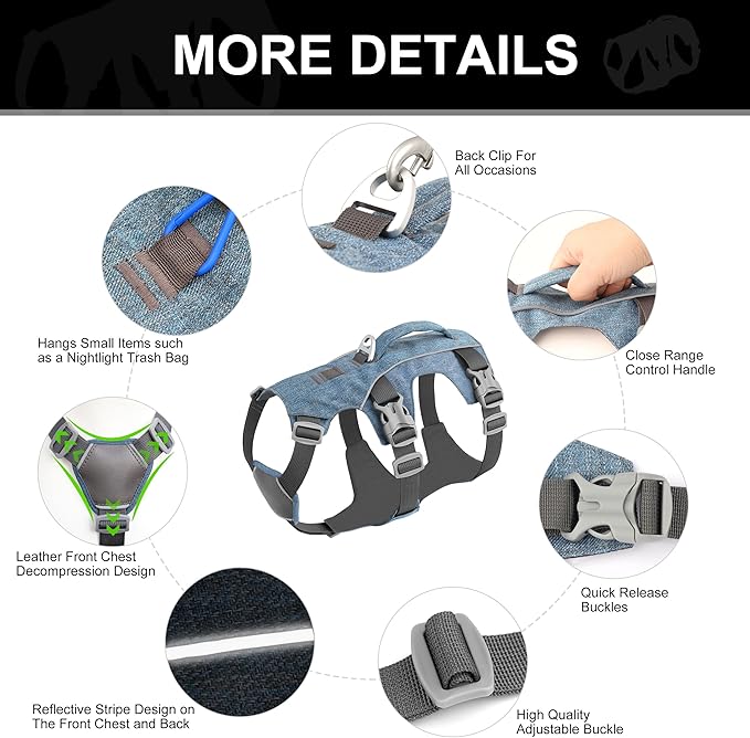 Escape Proof Dog Harness Medium Sized Dog, Reflective No Pull Dog Vest with Handle, Lightweight Full Body Pet Harness Adjustable for Walking,Training(Blue,Chest:17-32")