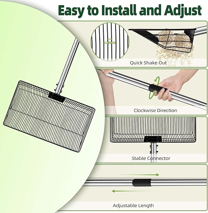 Jusoney 15" Extra Large Stainless Steel Manure Scoop w/5-in-1 Adjustable Handle (37.8"-77.6"), Ergonomic Sifter Shovel for Chicken Coop, Cat Litter, Pet Waste Cleaning Tools