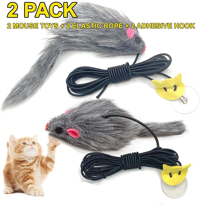 2PCS Cat Toys for Indoor Cats, Interactive Fly Chase Cat Door Toy Mouse Feather Toys for Mental Physical Stimulation, Kitten Toys Retractable Cats String Toys Teaser Play Exercise