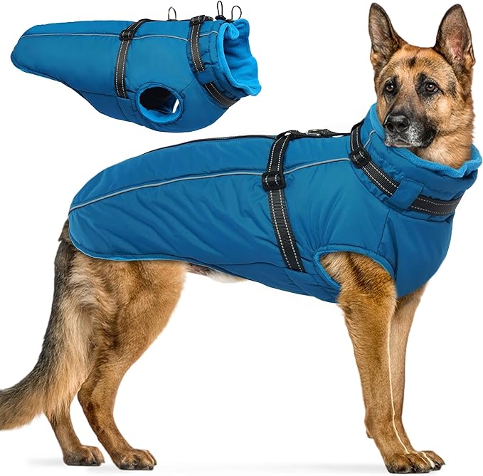 PUMYPOREITY Dog Coat with Harness Built in, Reflective Fleece Jacket, Thick and Warm Winter Coat, Medium Dog Jacket with Zip, Cold Weather Coats for Outdoor, Waterproof Pet Snowsuit, Blue, L