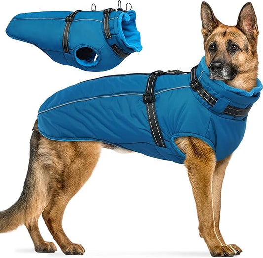 PUMYPOREITY Dog Jackets for Large Dogs, Warm Dog Winter Coat with Harness Built in, Fleece Jacket with Back Zipper, Cold Weather Coats for Outdoor, Waterproof & Windproof Pet Snowsuit, Blue, XL