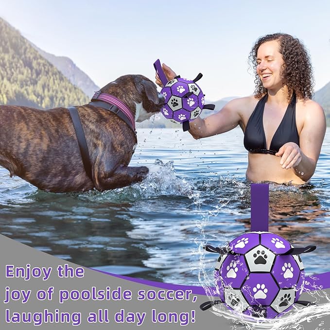 QDAN Dog Toys Soccer Ball with Straps - Dog Water Toy, Puppy Birthday Gifts, Durable Dog Balls for Small Medium Dogs （6 Inch）