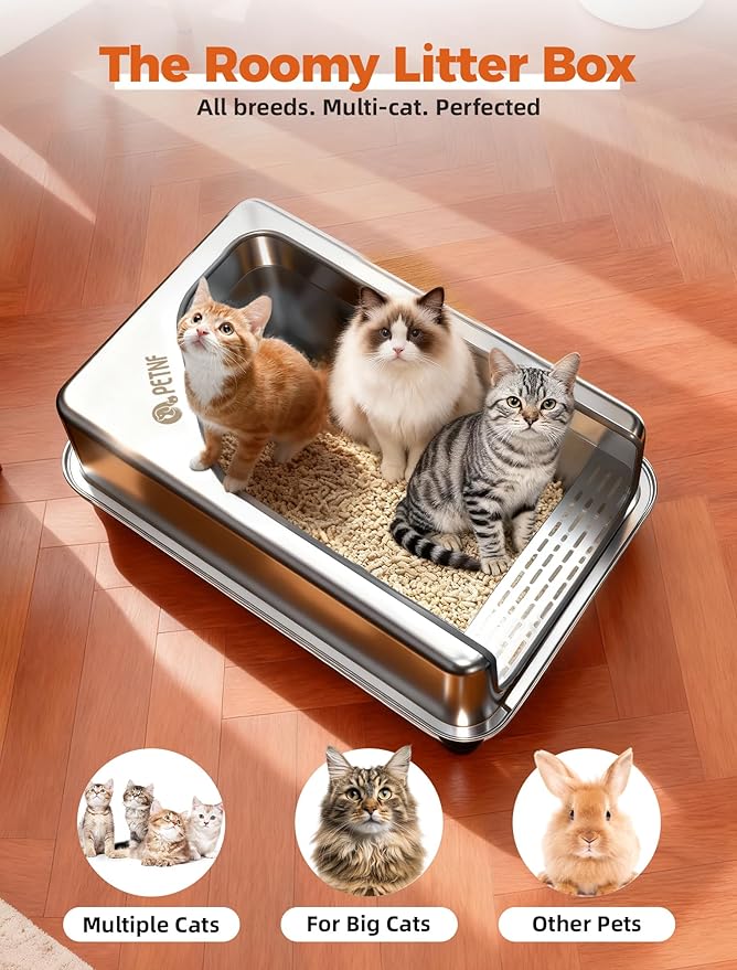 PETNF All Stainless Steel Cat Litter Box, High Sided Large Metal Litter Box - Leak-Proof, Anti-Litter Tracking, Easy Clean for Big Cats, Multi-Cat Households, 24"L x 18"W x 12"H (Silver White, 2 PACK)