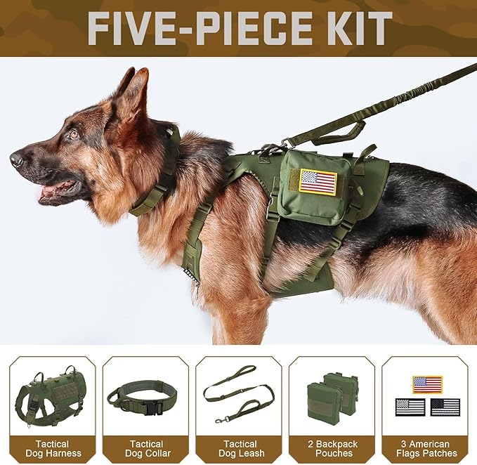 Forestpaw Tactical Dog Harness for Large Dogs,Tactical Dog Collar with Bungee Leash Set,No Pull Military Dog Harness for Walking Training,Adjustable for Medium Large Dogs,Green,Chest 21.5-45"