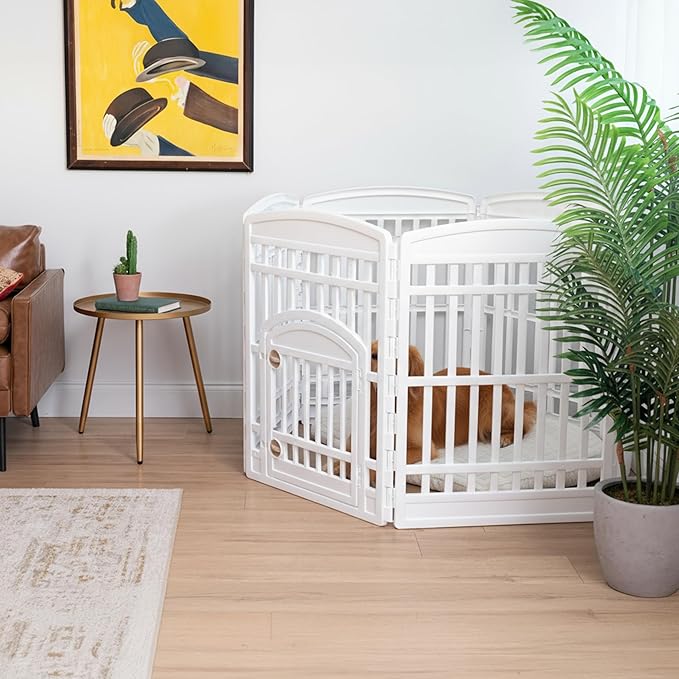 IRIS USA 34" 6-Panel Dog Playpen with Door, 44 x 63 x 34, Puppy Fence, Puppy Playpen, Dog Play Pen Indoors, Pet Fence, Puppies/Small Dogs, White