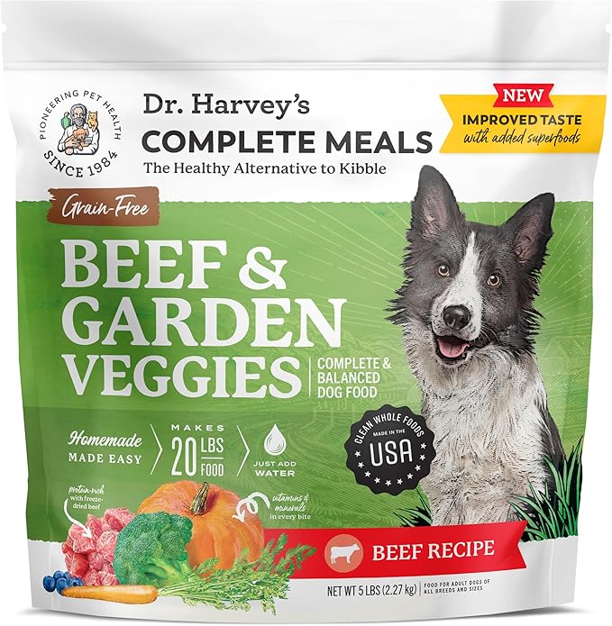 Dr. Harvey's Beef & Garden Veggies Dog Food, Human Grade Grain-Free Dehydrated Food for Dogs with Freeze-Dried Beef (5 Pounds)