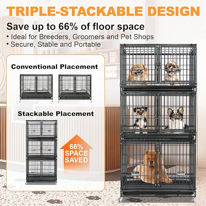 Homey Pet 43 Inch Stackable Heavy Duty Dog Crate Cage Kennel with Lockable Wheels, Removable Tray & Grid, Divider, Feeding Bowls, Escape Proof Drop Cage Bank for Small Medium Large Sized Dogs(3 Tiers)