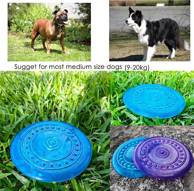 Dog Flying Discs Soft Teeth Cleanning Chew Toys,Rubber Material, Durable, Indestructible,2 Pack,18.5cm,90g,Blue and Purple Colors for Puppies Small Medium Dog Outdoor Training.