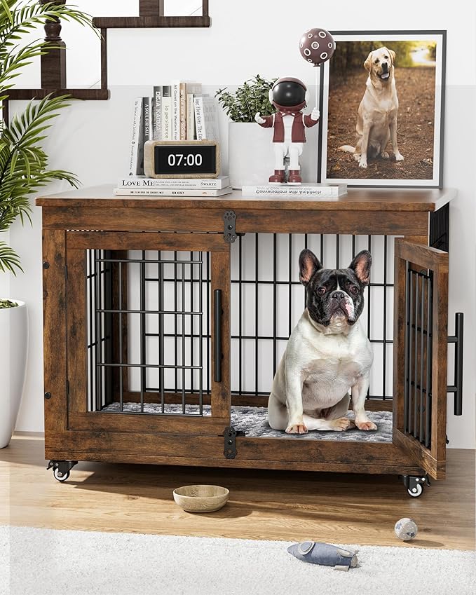 Dog Crate Furniture with Cushion Set of 2, Wooden Dog Kennel Indoor with Wheels & Double Doors, Dog Cage Side End Table for Medium Small Dogs up to 45 lb, 32.5” L, Rustic Brown