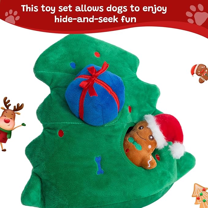 Hollypet Squeaky Dog Toy, Interactive Plush Hide and Seek Dog Toys for Small Medium Sized Dogs and Non-Aggressive Chewers, Puppy Teeth Clean Chew Toys, Christmas Tree