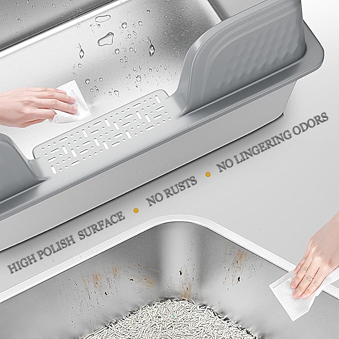 Vealind XL Stainless Steel Cat Litter Box High Sided with Lid 23.7" L x 16" W x 12" H Anti Leakage Extra Large Metal Cat Litter Tray with Scoop and Mat for Big Cats (Grey)