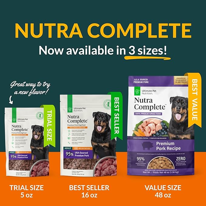 ULTIMATE PET NUTRITION Nutra Complete Freeze Dried Raw Dog Food, Veterinarian Formulated with Antioxidants, Prebiotics & Amino Acids (1 Pound, Pork)