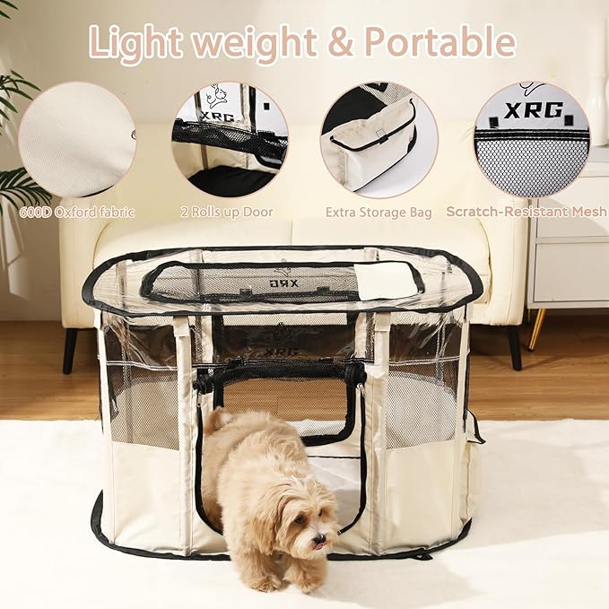 Dog Playpen with Waterproof pad,Portable Pet Crate Kennel Tent,Cat Cages Indoor Breathable Mesh Collapsible Dog Crates Playpen for Dogs Cat and Rabbit Travel Indoor & Outdoor(Large, Beige)