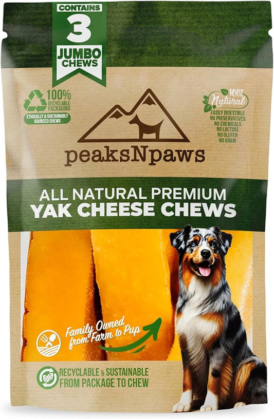 peakNpaws Himalayan Yak Cheese Dog Treats - Natural Chews for Aggressive Chewers - Grain-Free, Easily Digestible, Promoting Oral Health (3 Chews/24 oz Jumbo Size)