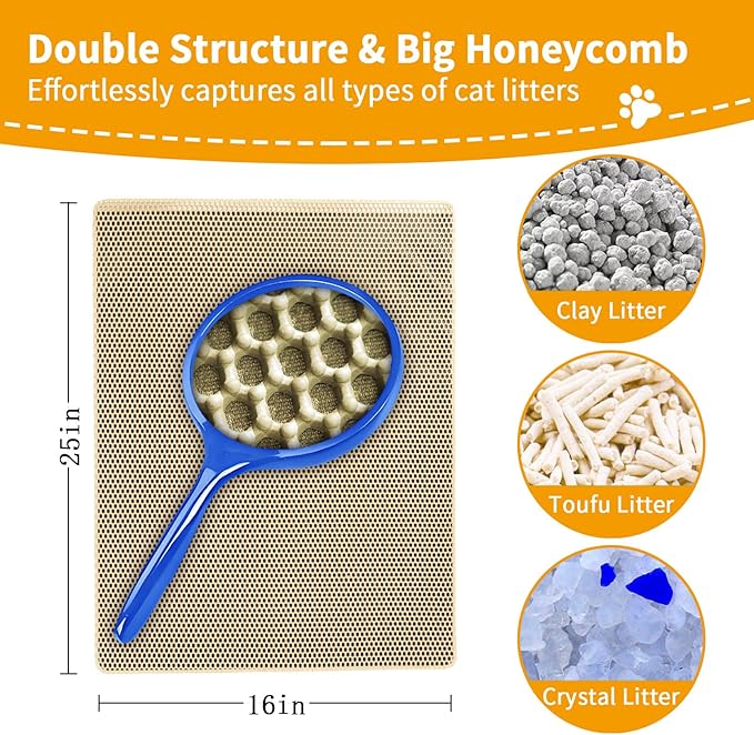 Cat Litter Mats Litter Trapping Mat, 25''x16'' Cat Litterbox Mat for Floor, 2 Layer Honeycomb Pet Litterbox Matt Catcher Rug, Waterproof Urine Proof, Non-Slip, Soft, Clean Easily, Small