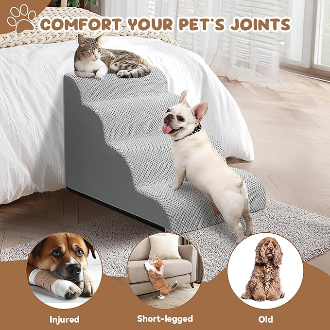 Dog Ramp and Stair for Bed 16" H-20 H,3-Step Cat Stair for Sofa and Chair,4-Step Dog Ramp for High Bed and Window,Durable Nonslip Fabric Cover for Indoor (Light Grey-16 H, Pet Friendly, 3)