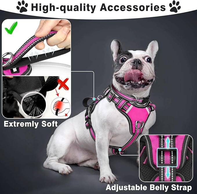 WINSEE Pet Harness Collar and Leash Set, All-in-one Reflective Dog Harness No Pull with Adjustable Buckles for Puppies, Small, Medium, Large, and Extra-Large Dogs (Large, Rosy)