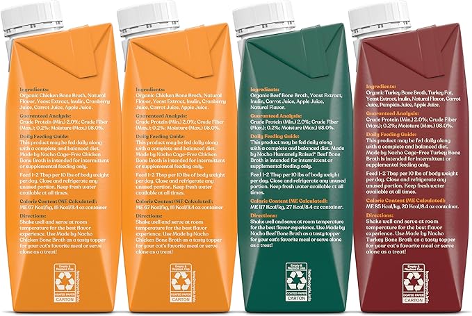 Made by Nacho Bone Broth Cat Food Topper for Hydration and Picky Eaters - Add Protein and Flavor to Your Dry Cat Food – 11 oz. (Pack of 4), Variety Pack
