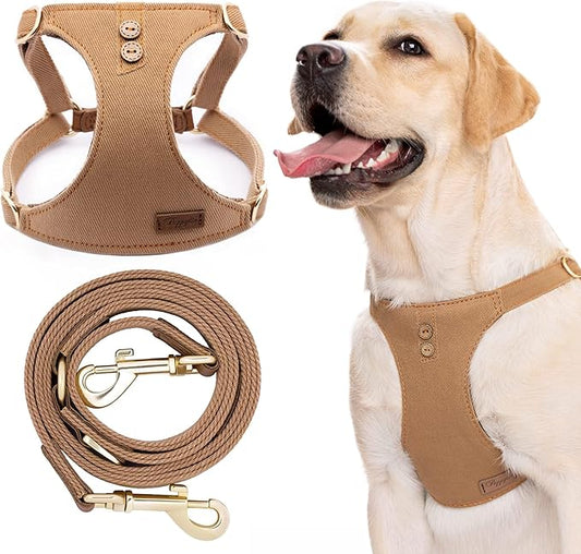 Dog Harness, No Pull Dogs Harness and Multi-Function Leash Set for Medium Dogs Easy Walk Everyday Adjustable Soft Dog Vest Harness Fashionable Dog Accessories Denim Khaki-Button-Slim Large
