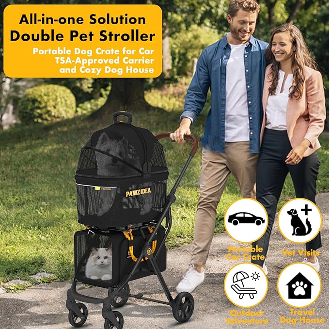 PAWZIDEA Double Pet Stroller with 2 Detachable Carriers, Portable Dog Crate for Car Travel & TSA-Approved Expandable Cat Carrier, Foldable Lightweight Jogger Stroller for 2–4 Cats or Small/Medium Dogs